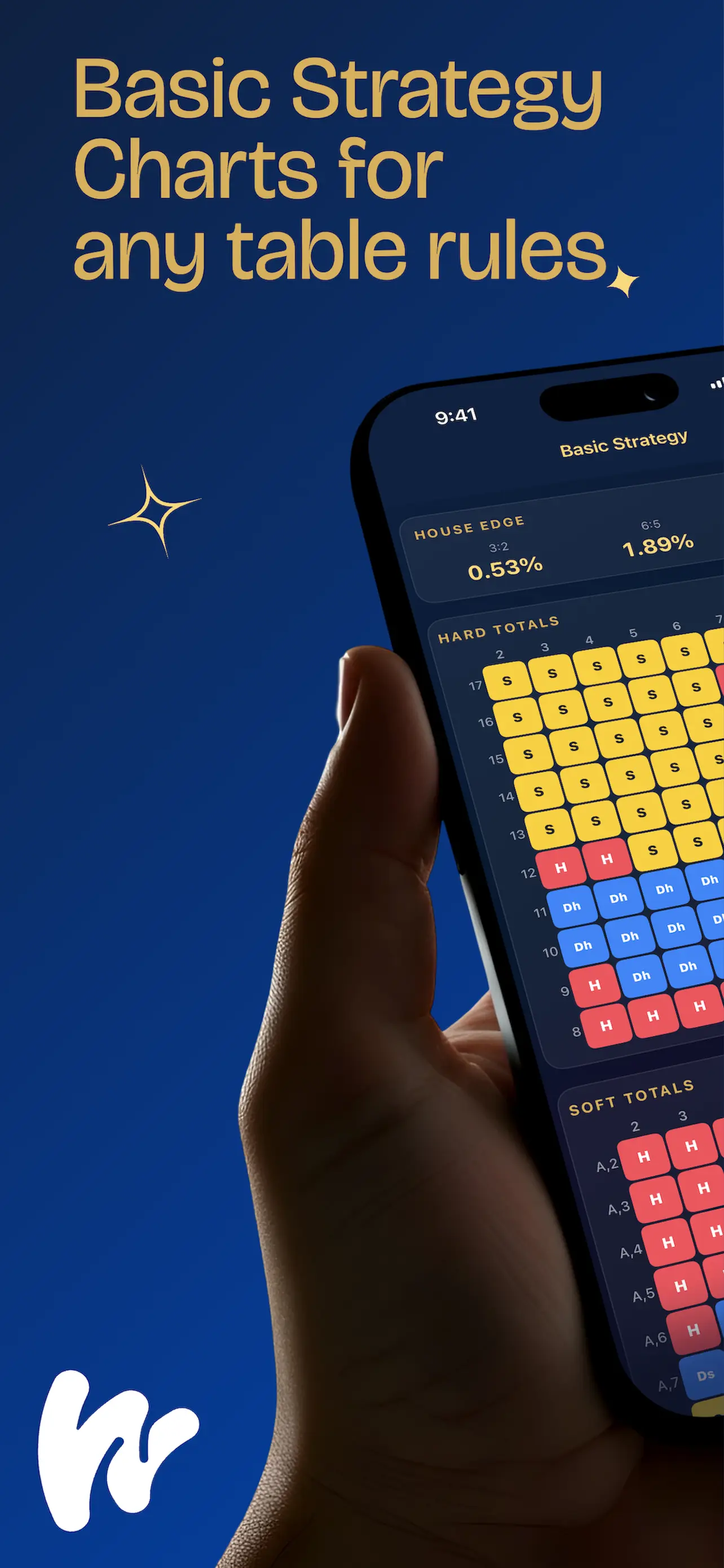 Basic strategy charts for any table rules: a hand holds an iPhone showing the colour-coded chart with the house edge at the top.