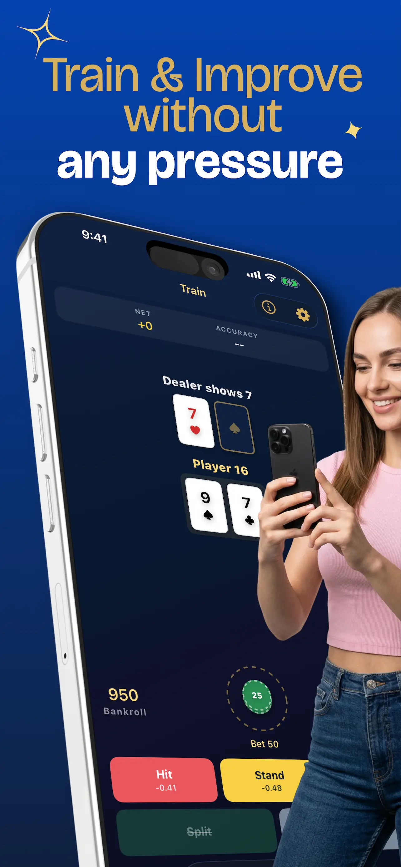 Train and improve without any pressure: the trainer screen mid-hand with the dealer card, your bankroll and Hit, Stand and Split buttons.