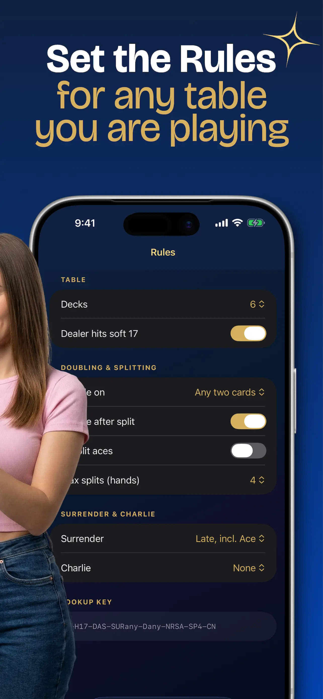 Set the rules for any table you are playing: the rules screen with decks, dealer hits soft 17, doubling, splitting, surrender and Charlie options.