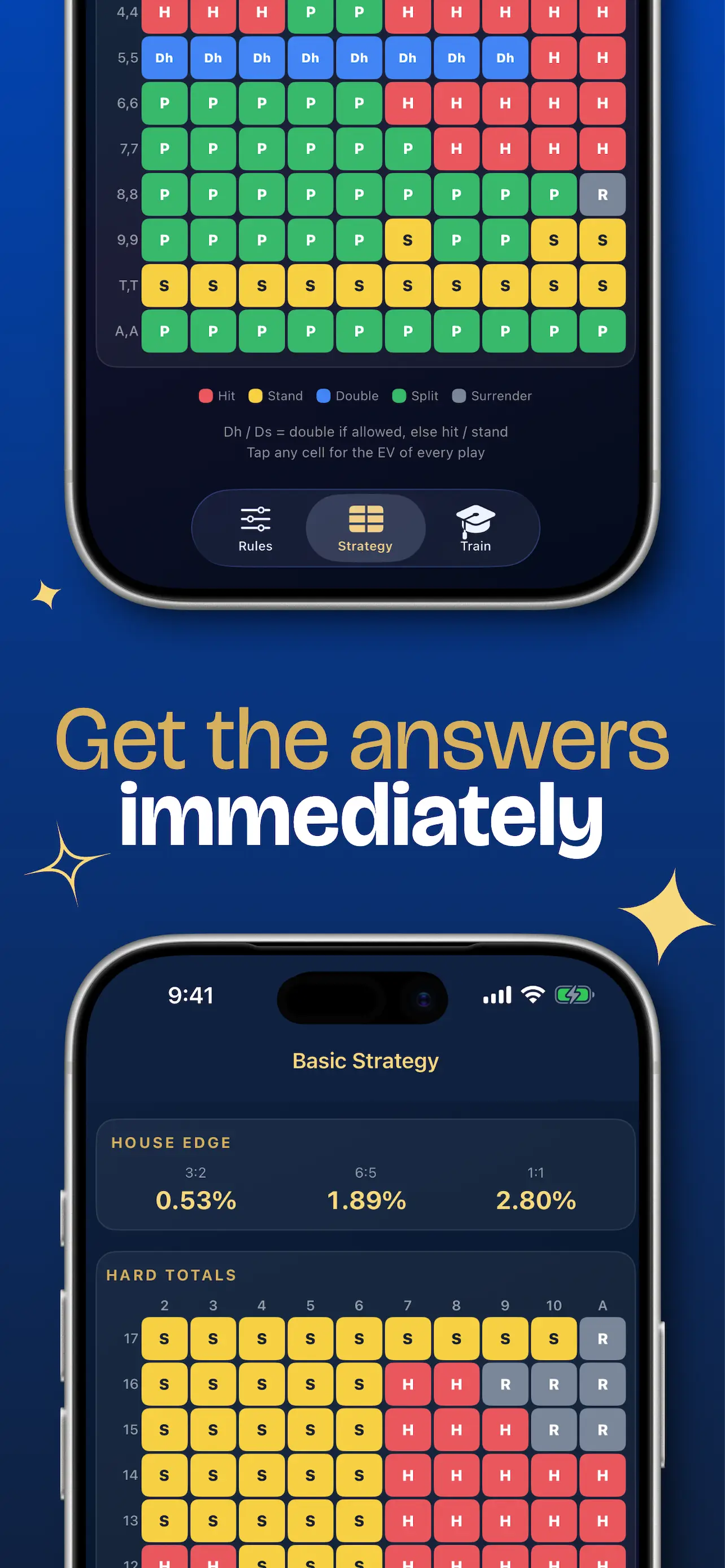 Get the answers immediately: the pairs chart and the basic strategy view showing the exact expected value for every play.